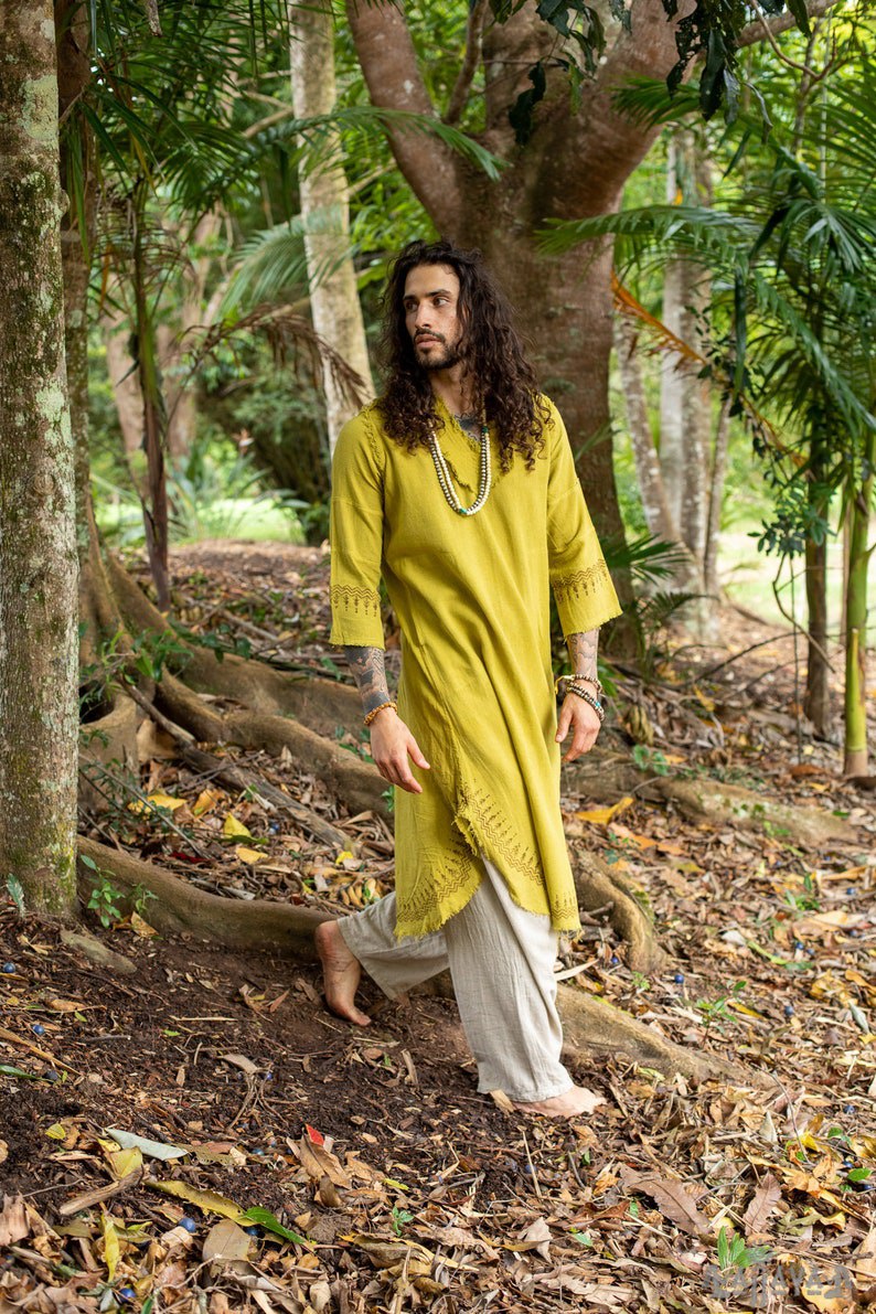 Yellow Aramaic robe long tunic men's formal shirt bible natural cotton handwoven block print natural plant dye ritual