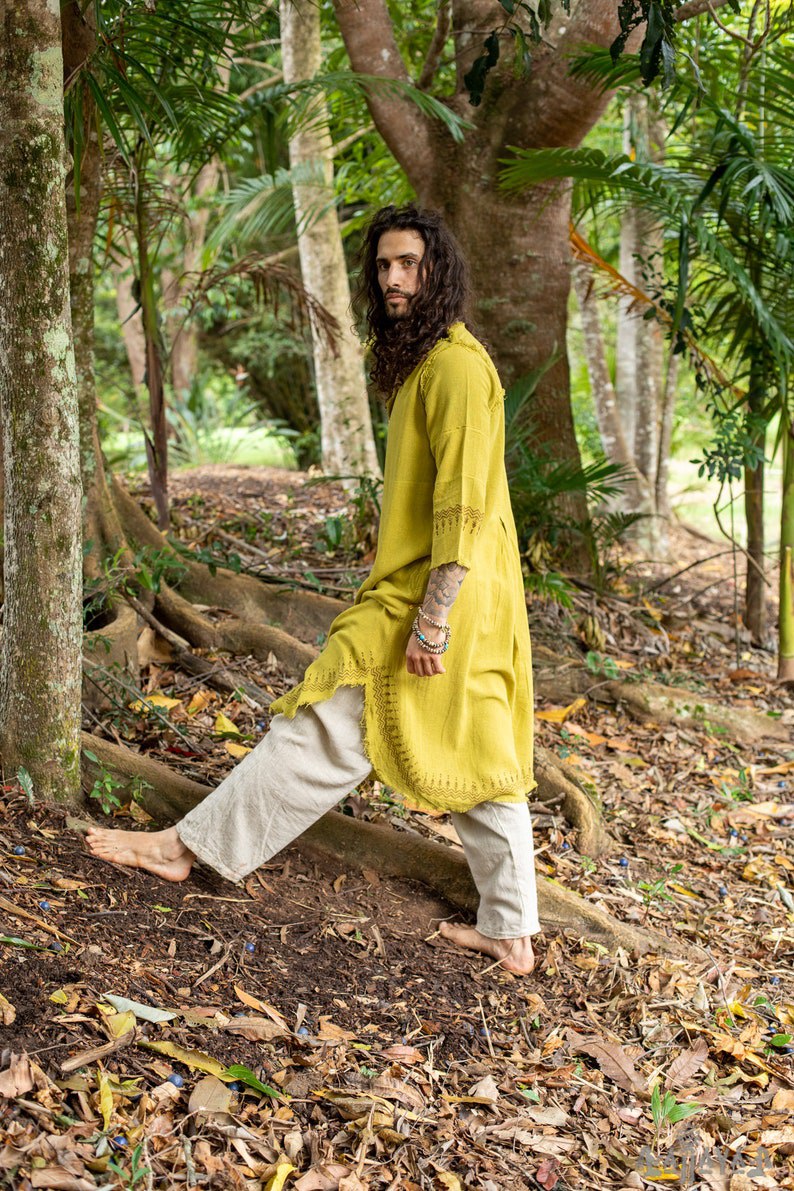 Yellow Aramaic robe long tunic men's formal shirt bible natural cotton handwoven block print natural plant dye ritual