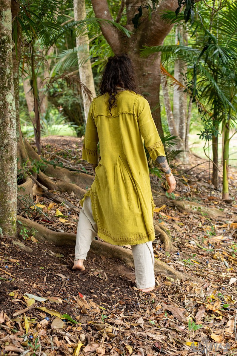 Yellow Aramaic robe long tunic men's formal shirt bible natural cotton handwoven block print natural plant dye ritual