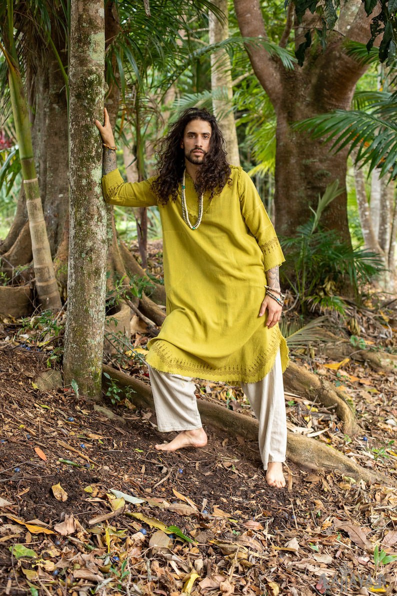 Yellow Aramaic robe long tunic men's formal shirt bible natural cotton handwoven block print natural plant dye ritual