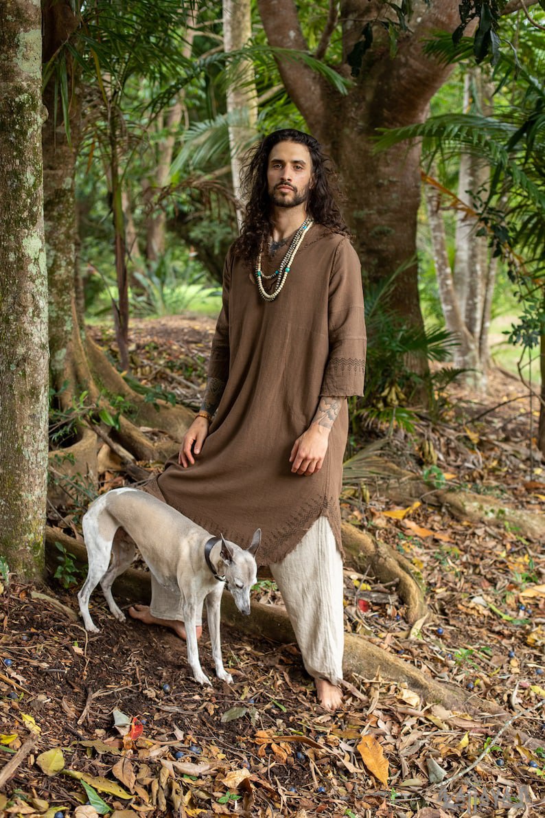Brown Aramean Robe Long Mens Formal Shirt Biblical Natural Cotton Handwoven Block Print Natural Plant Dye Ritual
