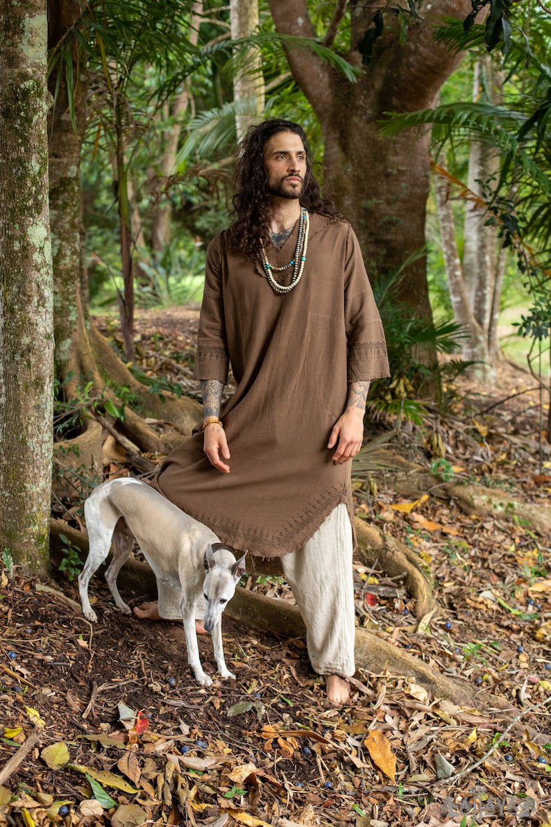 Brown Aramean Robe Long Mens Formal Shirt Biblical Natural Cotton Handwoven Block Print Natural Plant Dye Ritual
