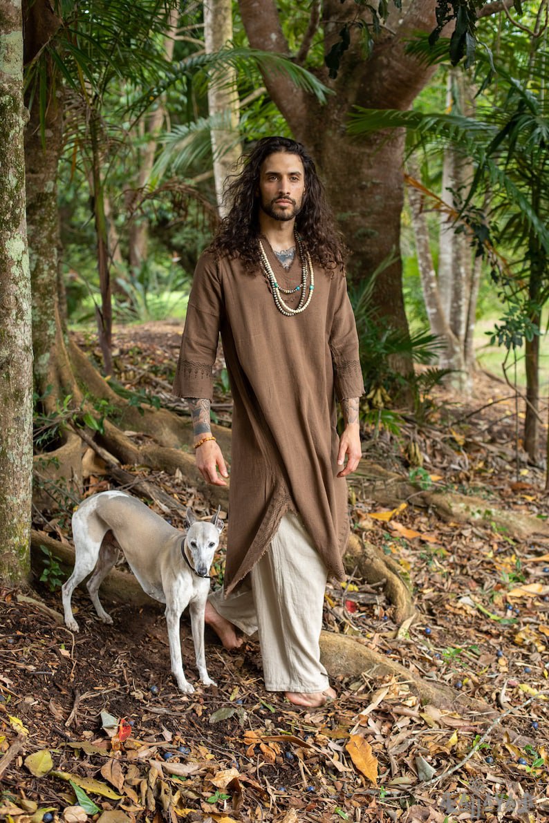 Brown Aramean Robe Long Mens Formal Shirt Biblical Natural Cotton Handwoven Block Print Natural Plant Dye Ritual