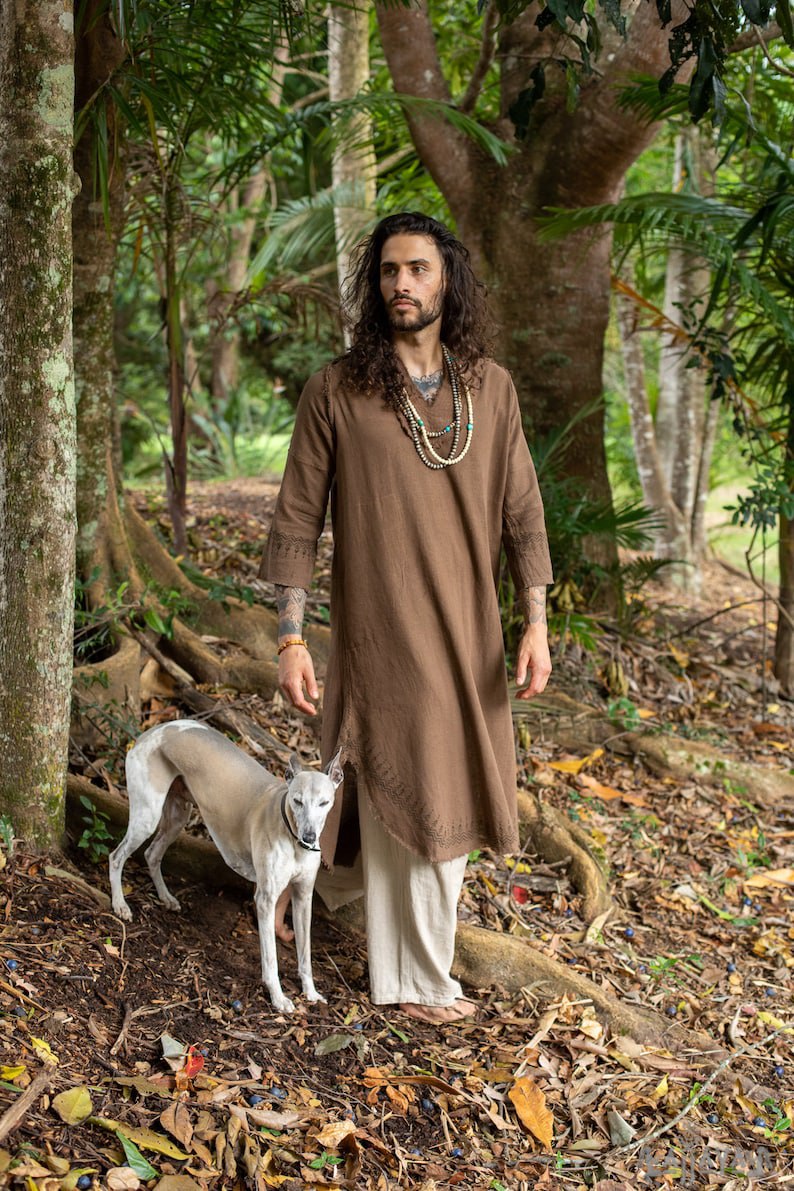 Brown Aramean Robe Long Mens Formal Shirt Biblical Natural Cotton Handwoven Block Print Natural Plant Dye Ritual