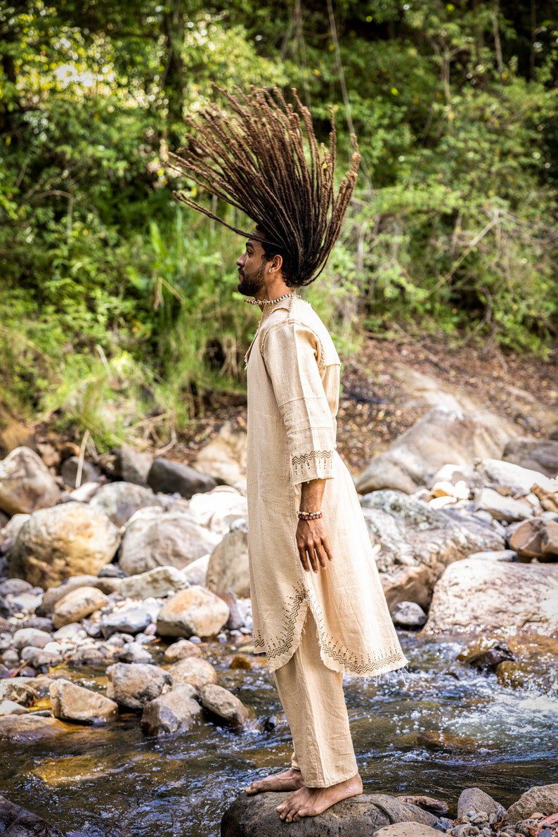 Beige Aramean Robe Long Top Men Formal Shirt Biblical Natural Cotton Handwoven Block Print Natural Plant Dye Ritual