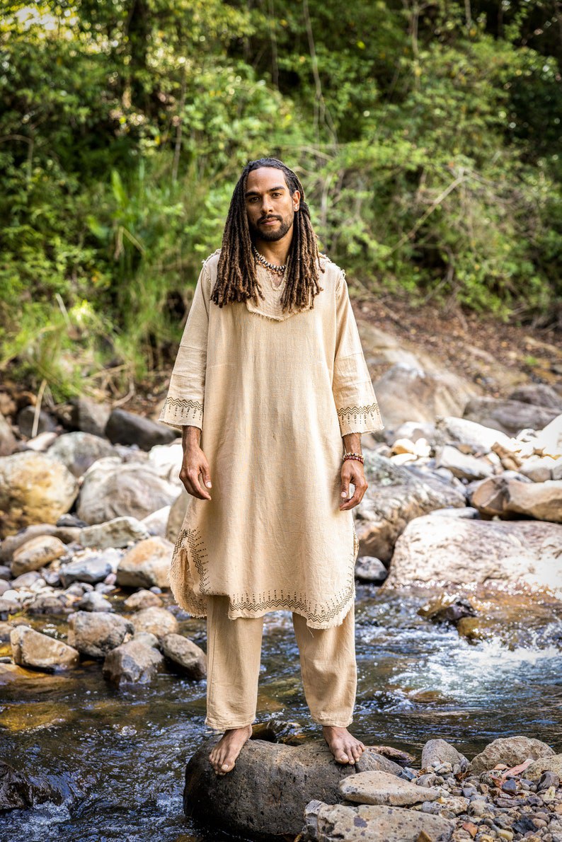 Beige Aramean Robe Long Top Men Formal Shirt Biblical Natural Cotton Handwoven Block Print Natural Plant Dye Ritual