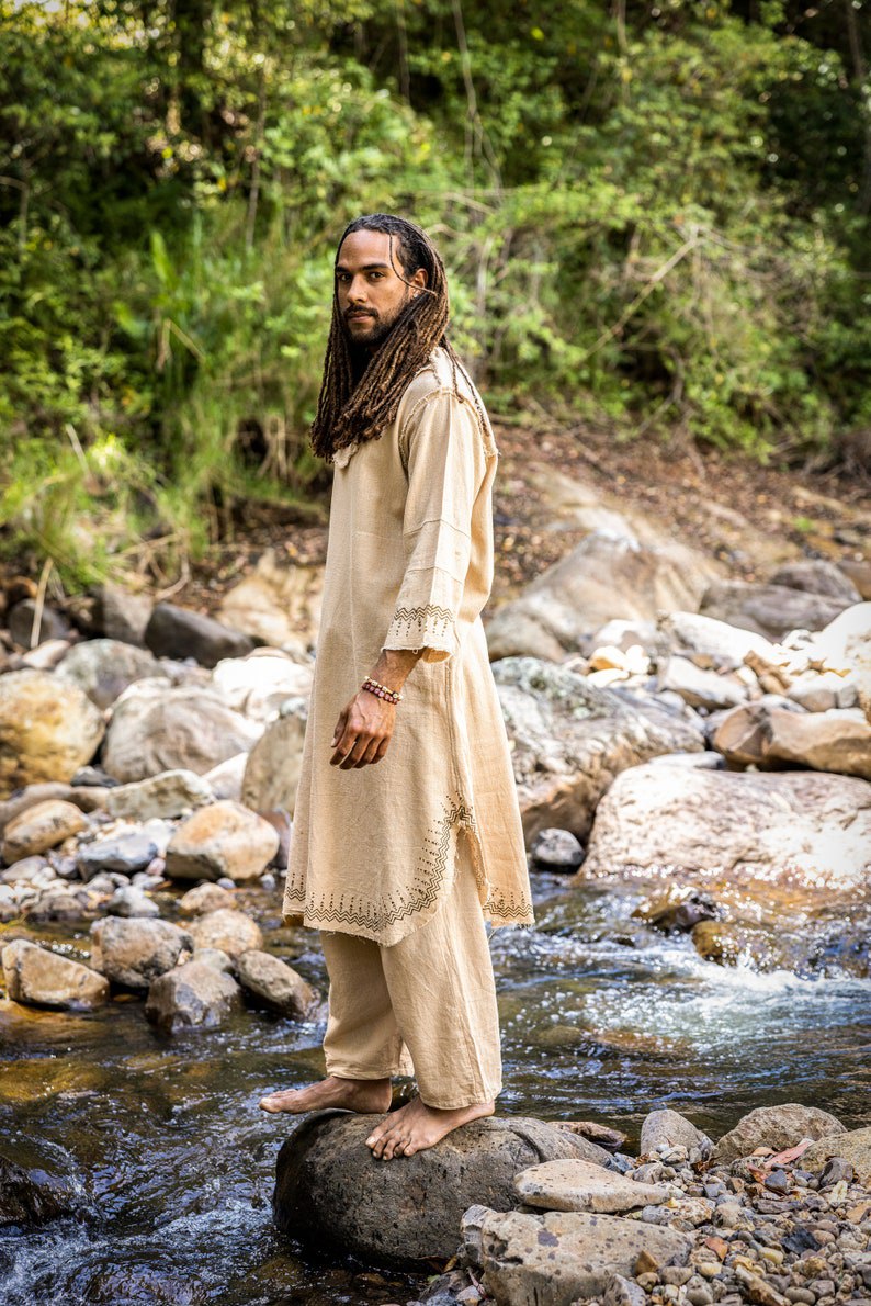 Beige Aramean Robe Long Top Men Formal Shirt Biblical Natural Cotton Handwoven Block Print Natural Plant Dye Ritual