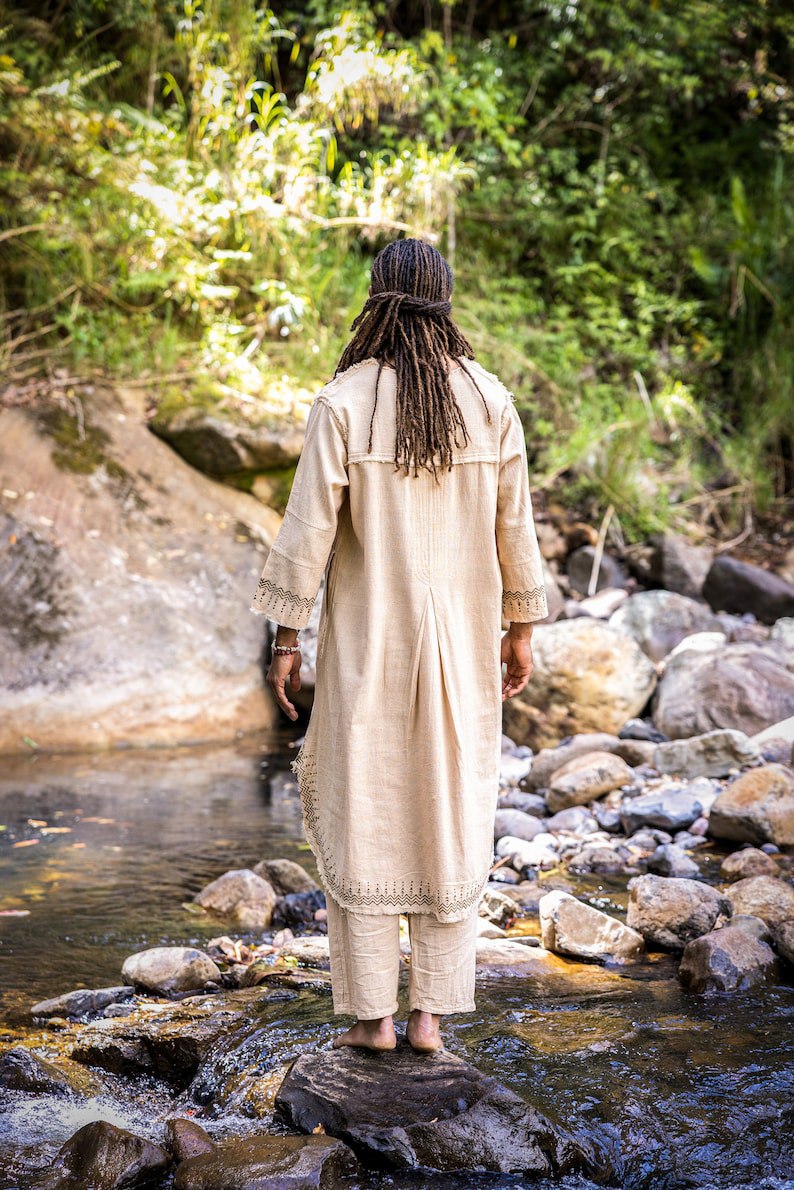 Beige Aramean Robe Long Top Men Formal Shirt Biblical Natural Cotton Handwoven Block Print Natural Plant Dye Ritual