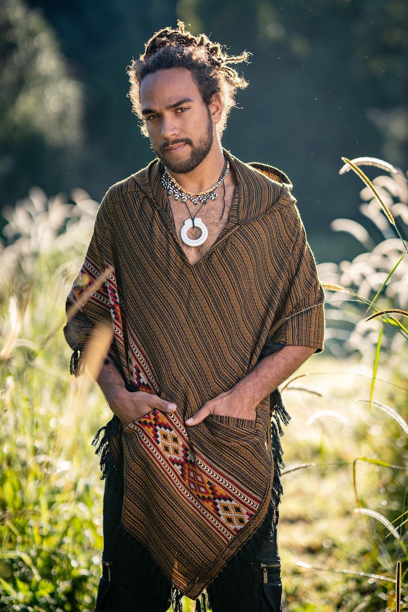 JHANA Hooded Poncho with Pockets Golden Black Cashmere Yak Wool and Acrylic Wool Handmade Celtic Embroidery Primitive Festival AJJAYA Mens