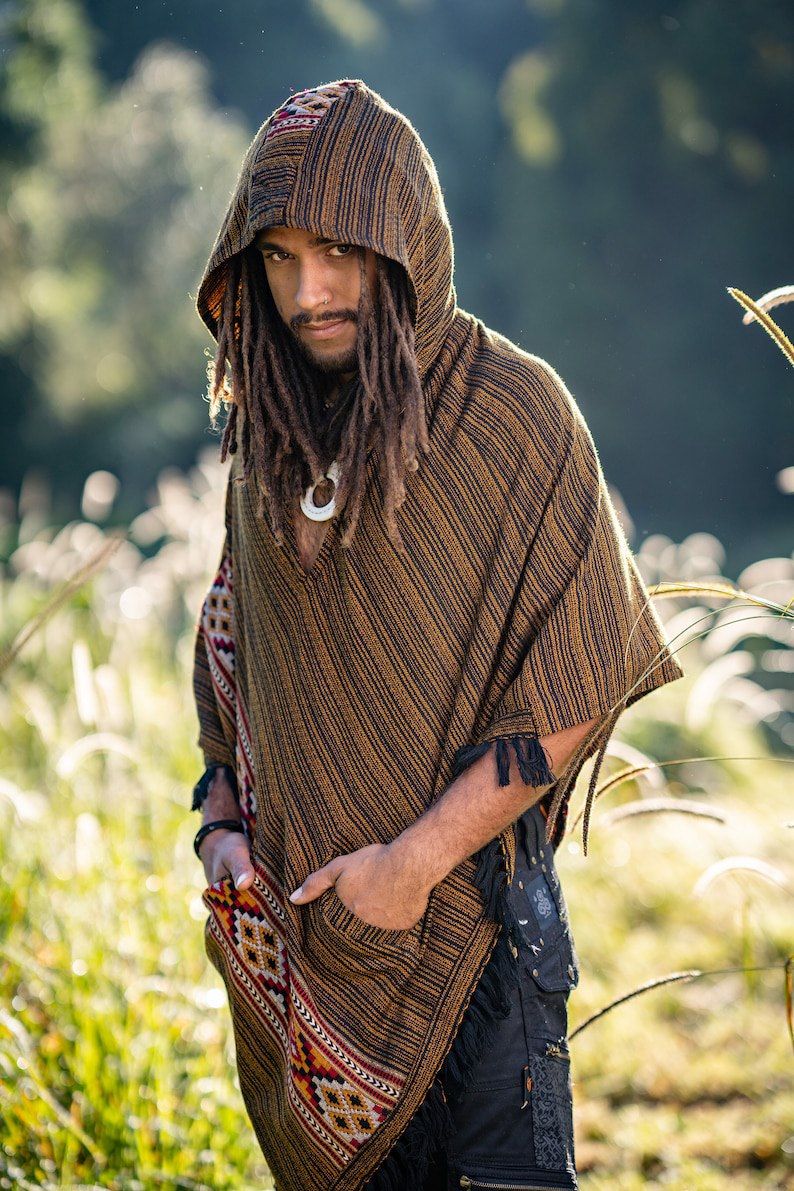 JHANA Hooded Poncho with Pockets Golden Black Cashmere Yak Wool and Acrylic Wool Handmade Celtic Embroidery Primitive Festival AJJAYA Mens