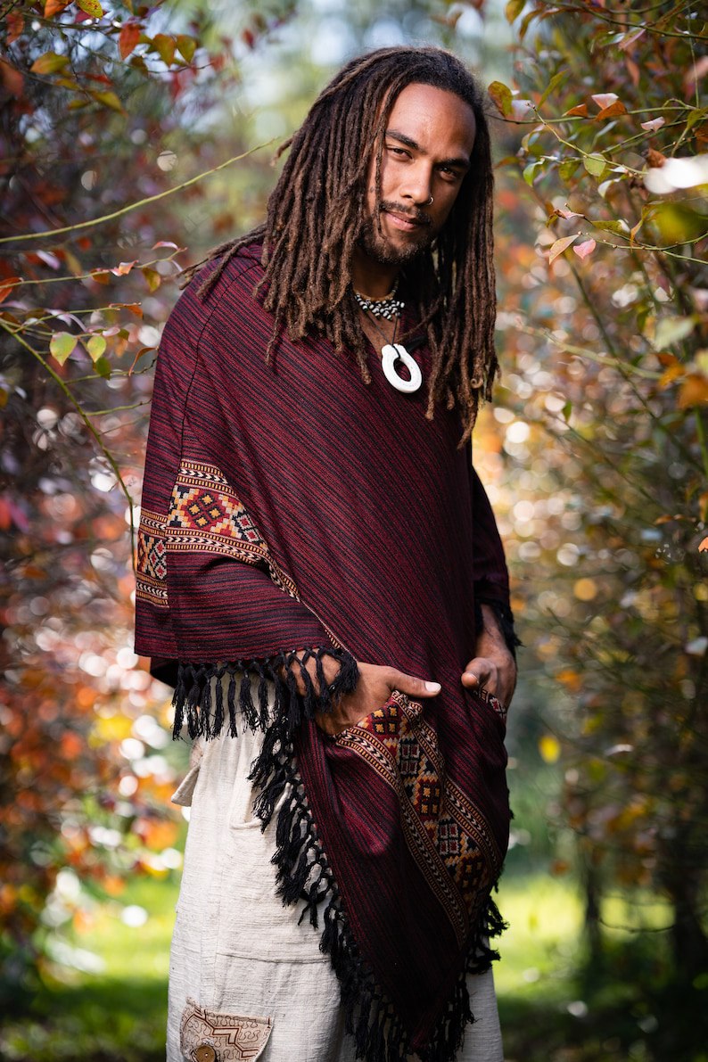 Men's Hooded Cape Large Hood Red Dark Red Yak and Acrylic Wool Tribal Embroidery Celtic Shaman Festival Mexican Original