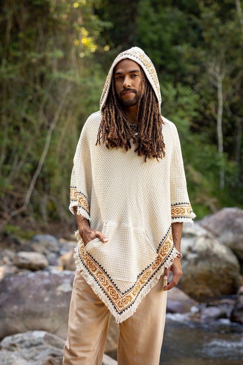 Cape Beige Men Hooded Vegan Textured Cotton Hooded Block Print