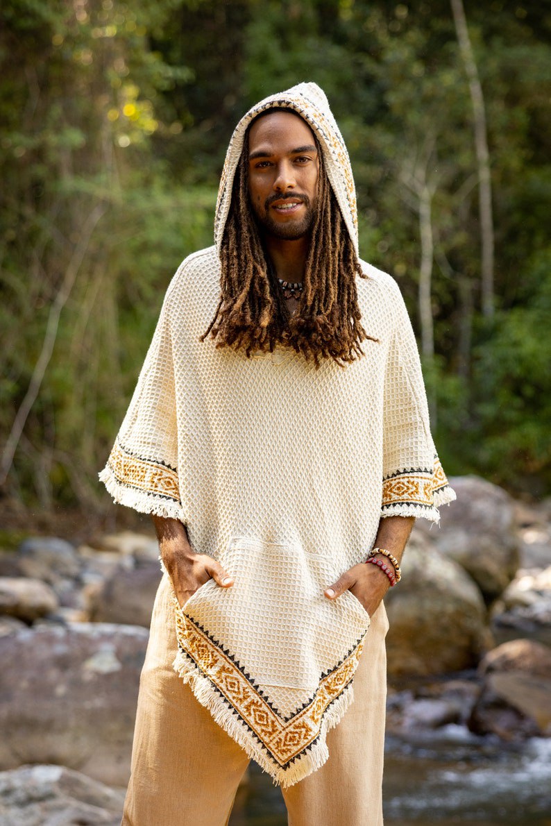 Cape Beige Men Hooded Vegan Textured Cotton Hooded Block Print