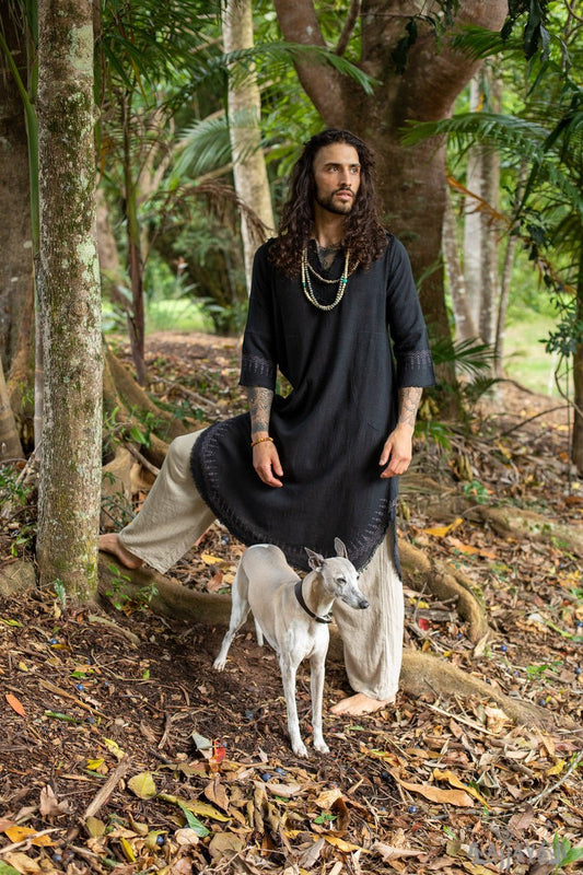 Black Aramaic robes, long tops, men's formal shirts, Bible, natural cotton, handwoven, block prints, natural vegetable dye rituals