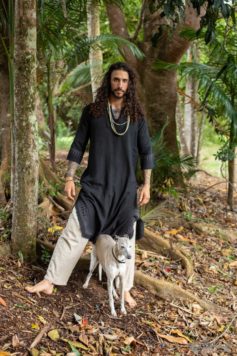 Black Aramaic robes, long tops, men's formal shirts, Bible, natural cotton, handwoven, block prints, natural vegetable dye rituals