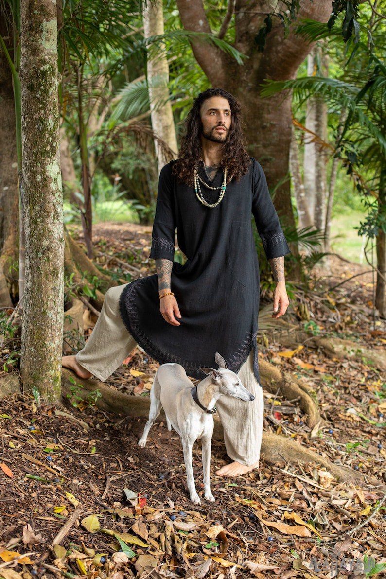 Black Aramaic robes, long tops, men's formal shirts, Bible, natural cotton, handwoven, block prints, natural vegetable dye rituals