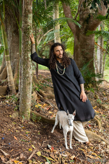 Black Aramaic robes, long tops, men's formal shirts, Bible, natural cotton, handwoven, block prints, natural vegetable dye rituals