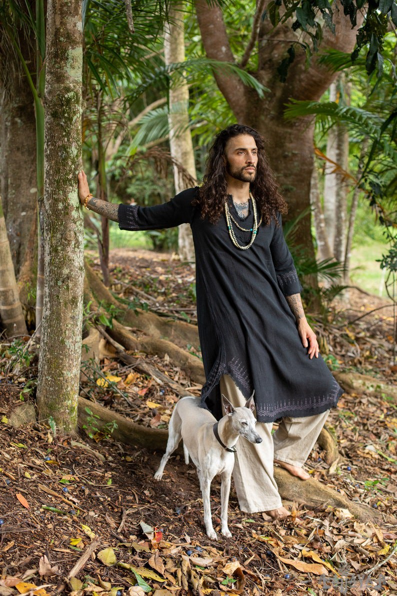Black Aramaic robes, long tops, men's formal shirts, Bible, natural cotton, handwoven, block prints, natural vegetable dye rituals