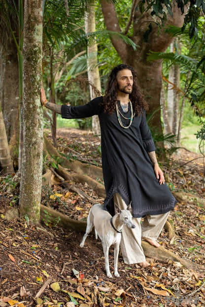 Black Aramaic robes, long tops, men's formal shirts, Bible, natural cotton, handwoven, block prints, natural vegetable dye rituals