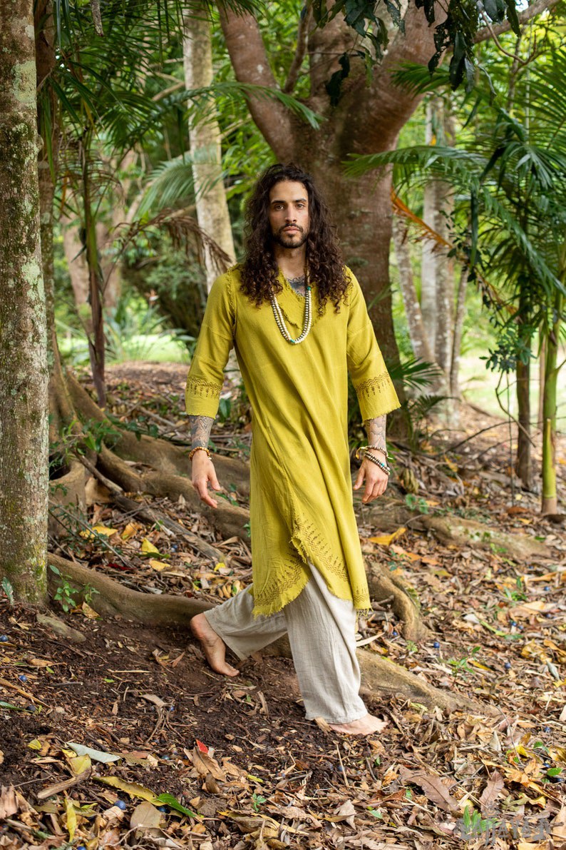 Yellow Aramaic robe long tunic men's formal shirt bible natural cotton handwoven block print natural plant dye ritual
