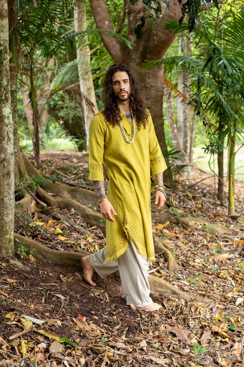 Yellow Aramaic robe long tunic men's formal shirt bible natural cotton handwoven block print natural plant dye ritual