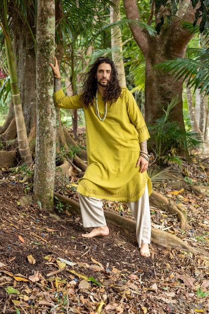 Yellow Aramaic robe long tunic men's formal shirt bible natural cotton handwoven block print natural plant dye ritual