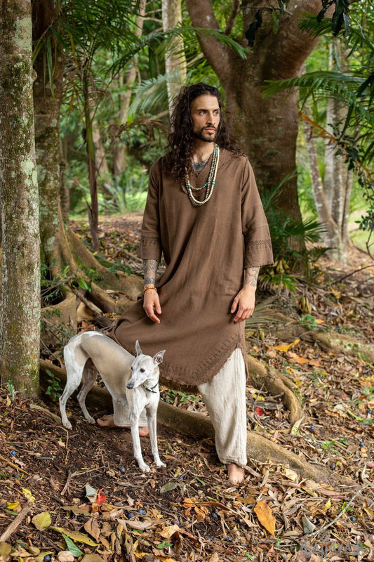 Brown Aramean Robe Long Mens Formal Shirt Biblical Natural Cotton Handwoven Block Print Natural Plant Dye Ritual