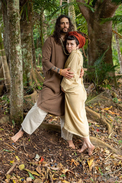 Brown Aramean Robe Long Mens Formal Shirt Biblical Natural Cotton Handwoven Block Print Natural Plant Dye Ritual