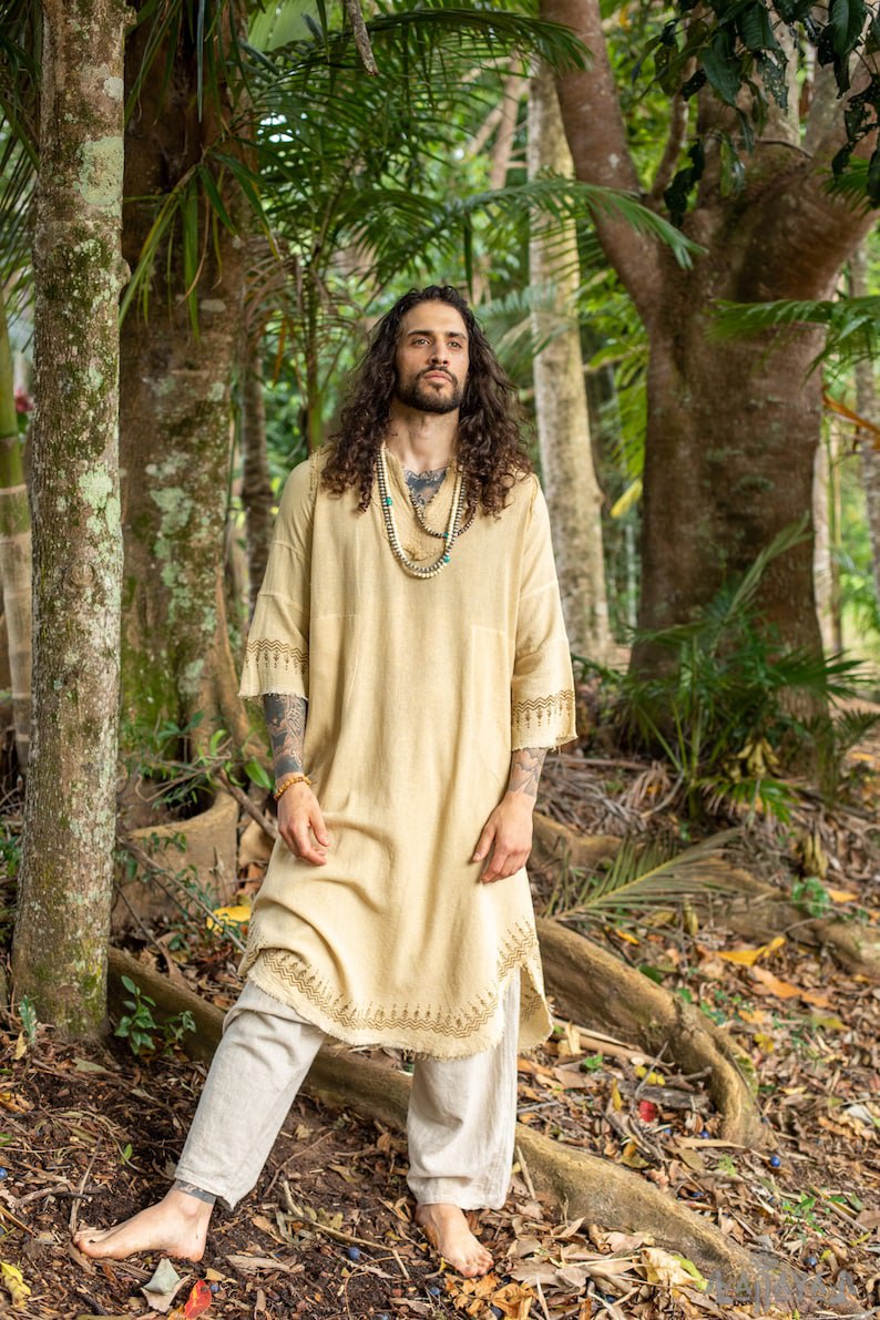 Beige Aramaic robe long top, men's formal shirt, biblical, natural cotton, handwoven, block print, natural plant dye ritual