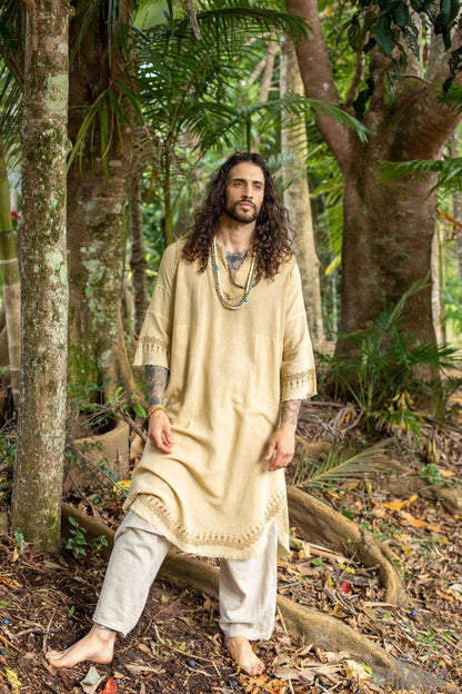 Beige Aramaic robe long top, men's formal shirt, biblical, natural cotton, handwoven, block print, natural plant dye ritual