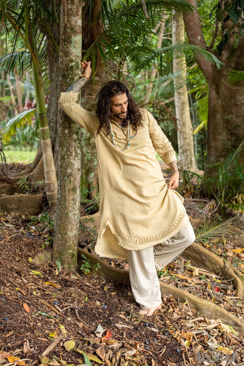 Beige Aramaic robe long top, men's formal shirt, biblical, natural cotton, handwoven, block print, natural plant dye ritual