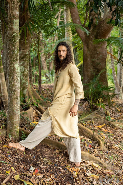 Beige Aramaic robe long top, men's formal shirt, biblical, natural cotton, handwoven, block print, natural plant dye ritual