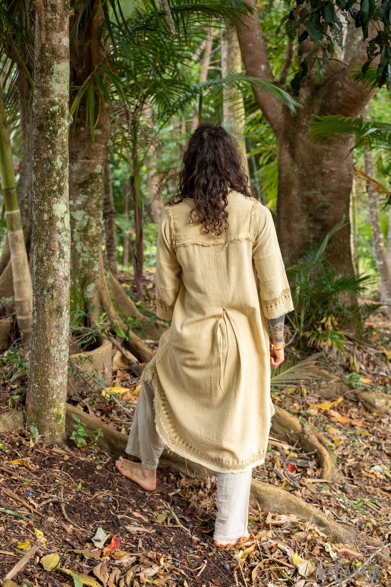 Beige Aramaic robe long top, men's formal shirt, biblical, natural cotton, handwoven, block print, natural plant dye ritual