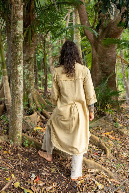 Beige Aramaic robe long top, men's formal shirt, biblical, natural cotton, handwoven, block print, natural plant dye ritual