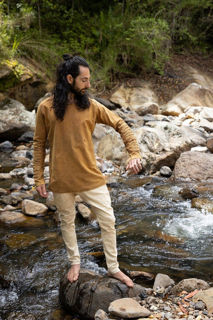 Country Orange Men's Pullover Long Sleeve Top Pullover Handmade Doom Dunes Rough Stonewashed Primitive Festive Steampunk