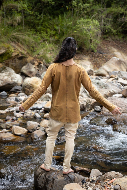 Country Orange Men's Pullover Long Sleeve Top Pullover Handmade Doom Dunes Rough Stonewashed Primitive Festive Steampunk