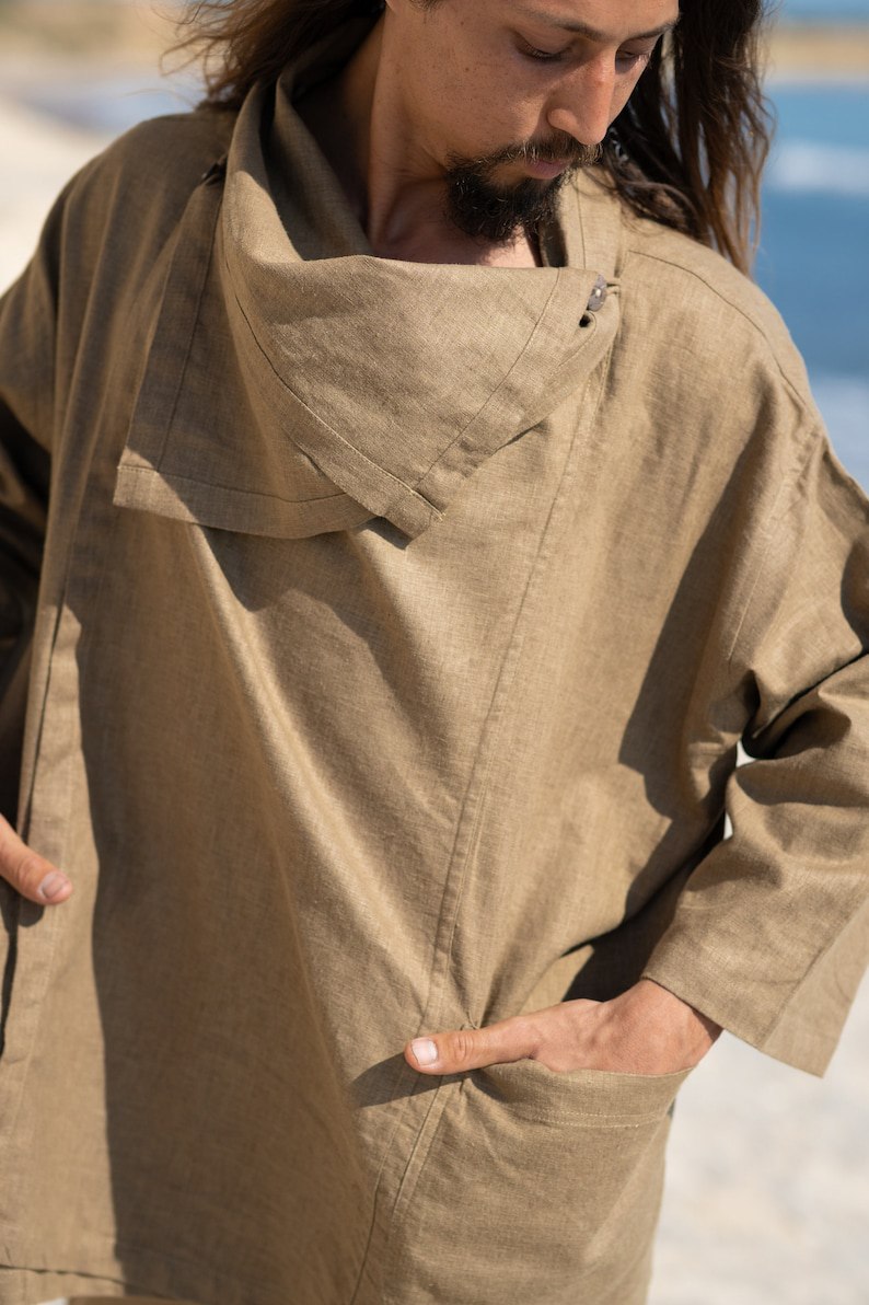 Organic hemp top shirt collar olive green simple herbal dyed pocket festival ritual ceremony sustainable environmental protection