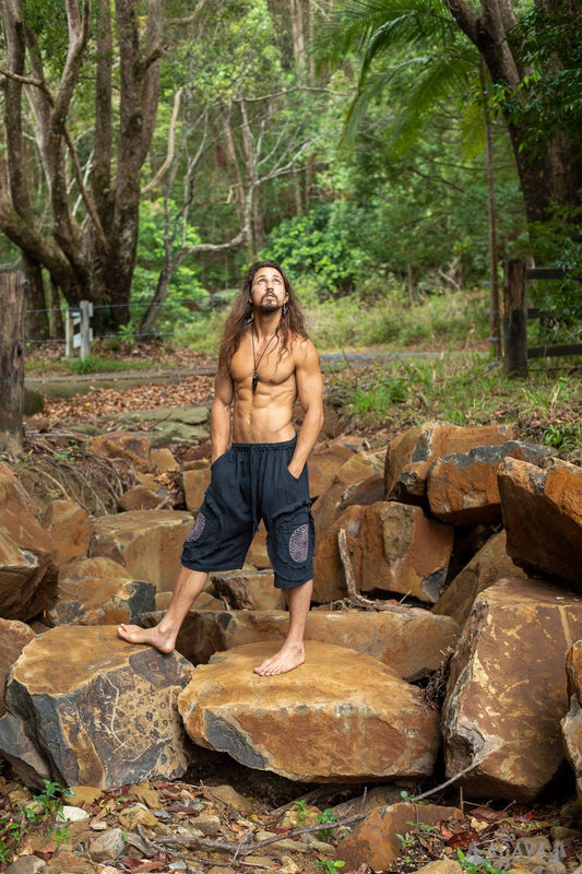 Black men's short cotton Bermuda pants, four pockets, natural herbal dyeing, sacred geometry pattern, elastic waist, festival yoga rave