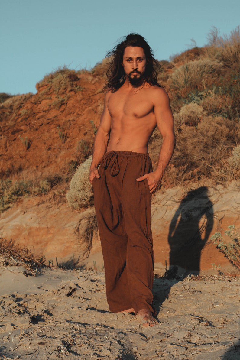 Maroon Men's Cotton Yoga Pants Natural Plant Dye Pockets Yoga Breathable Fitness Straight Pants Elastic Drawstring Holiday Carnival