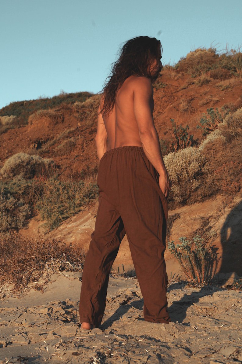 Maroon Men's Cotton Yoga Pants Natural Plant Dye Pockets Yoga Breathable Fitness Straight Pants Elastic Drawstring Holiday Carnival