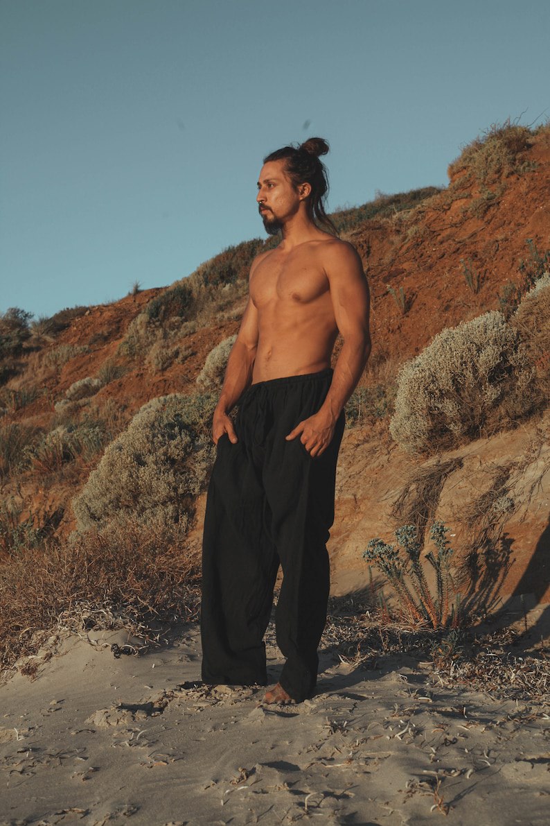 Black Men's Cotton Yoga Pants Natural Plant Dyeing Pocket Yoga Breathable Fitness Straight Trousers Elastic Drawstring Festival Carnival