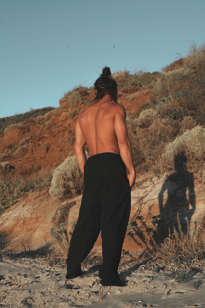 Black Men's Cotton Yoga Pants Natural Plant Dyeing Pocket Yoga Breathable Fitness Straight Trousers Elastic Drawstring Festival Carnival