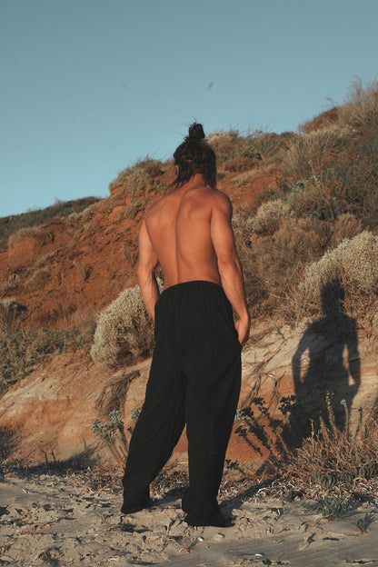 Black Men's Cotton Yoga Pants Natural Plant Dyeing Pocket Yoga Breathable Fitness Straight Trousers Elastic Drawstring Festival Carnival