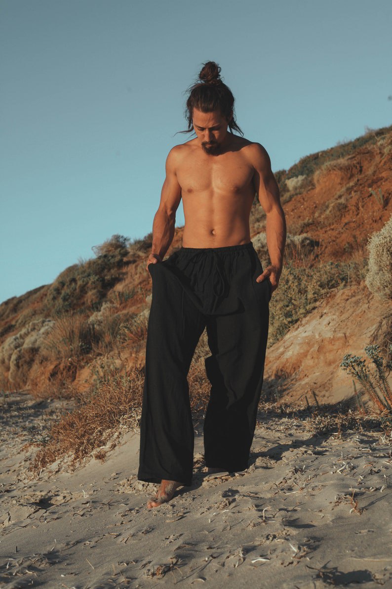 Black Men's Cotton Yoga Pants Natural Plant Dyeing Pocket Yoga Breathable Fitness Straight Trousers Elastic Drawstring Festival Carnival