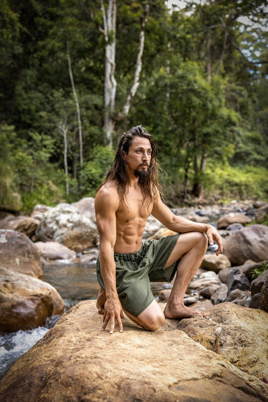 Yoga Shorts Sage Short Loose Comfortable Men's Shorts Pocket Natural Cotton Plant Dyed Yoga Fitness Ninja Festival Gym