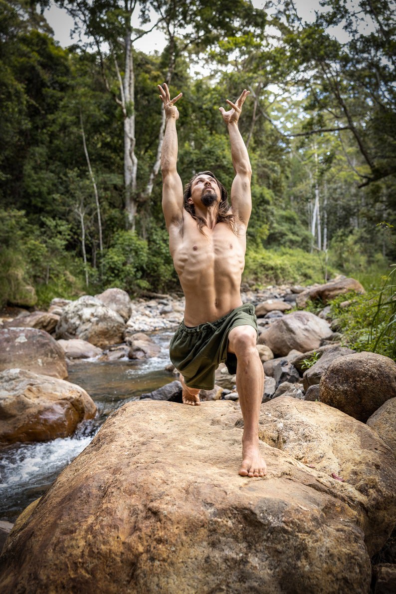 Yoga Shorts Sage Short Loose Comfortable Men's Shorts Pocket Natural Cotton Plant Dyed Yoga Fitness Ninja Festival Gym