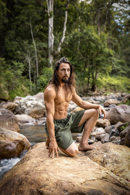 Yoga Shorts Sage Short Loose Comfortable Men's Shorts Pocket Natural Cotton Plant Dyed Yoga Fitness Ninja Festival Gym