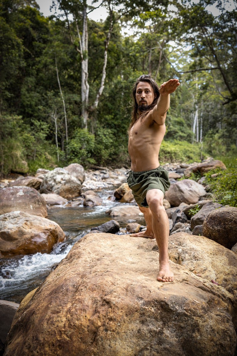 Yoga Shorts Sage Short Loose Comfortable Men's Shorts Pocket Natural Cotton Plant Dyed Yoga Fitness Ninja Festival Gym