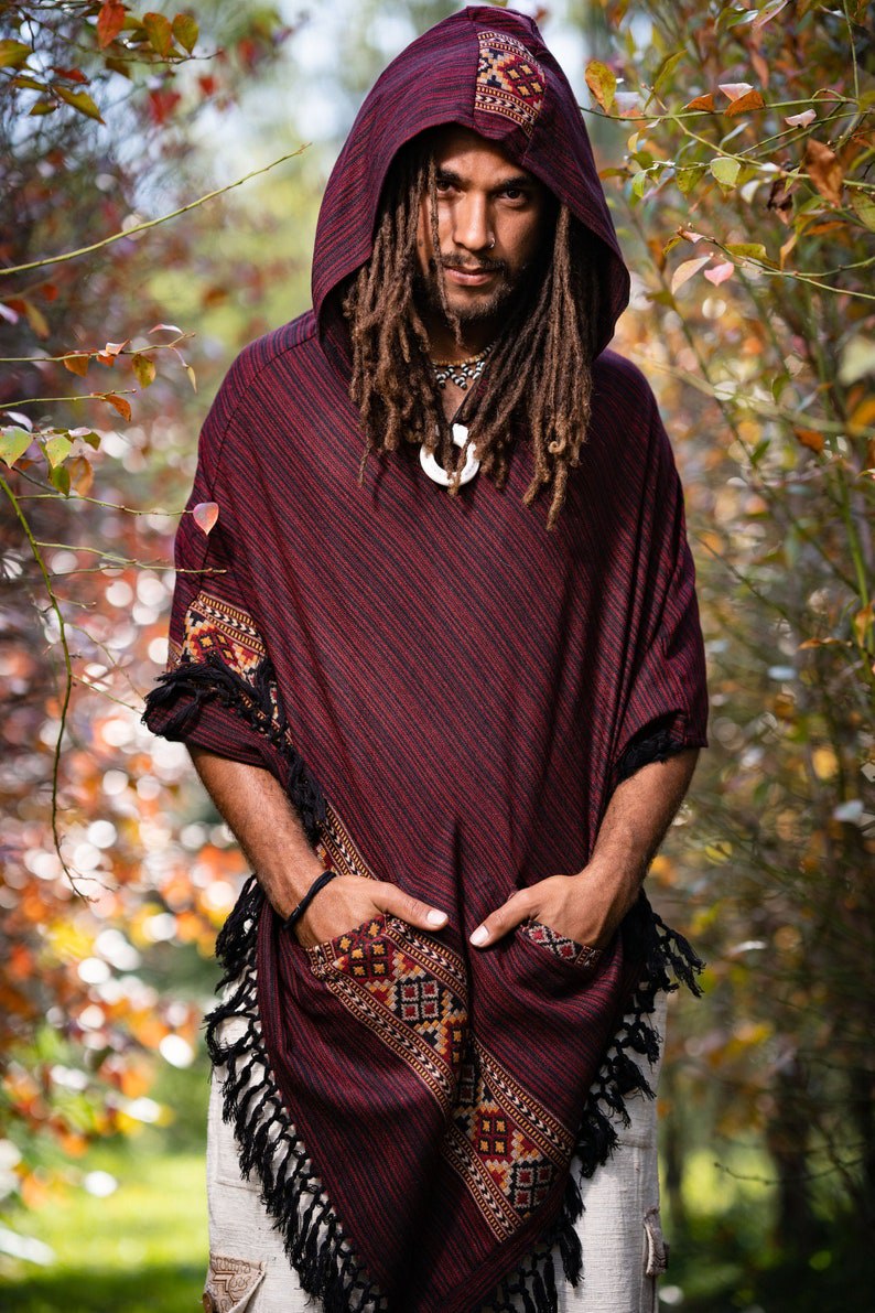Men's Hooded Cape Large Hood Red Dark Red Yak and Acrylic Wool Tribal Embroidery Celtic Shaman Festival Mexican Original