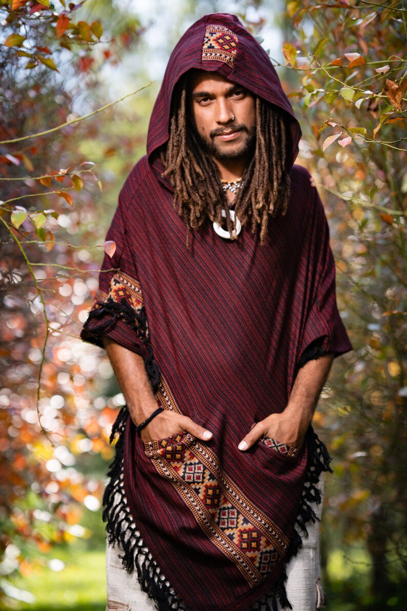 Men's Hooded Cape Large Hood Red Dark Red Yak and Acrylic Wool Tribal Embroidery Celtic Shaman Festival Mexican Original